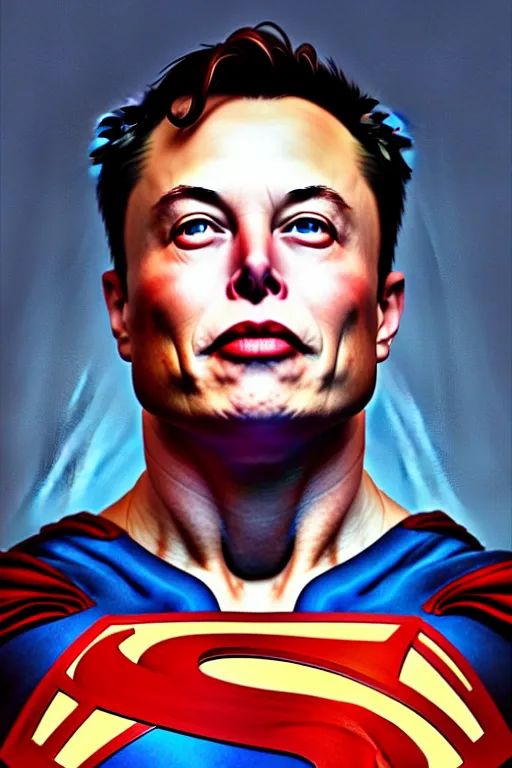 Image similar to elon musk as superman, realistic portrait, symmetrical, highly detailed, digital painting, artstation, concept art, smooth, sharp focus, illustration, cinematic lighting, art by artgerm and greg rutkowski and alphonse mucha