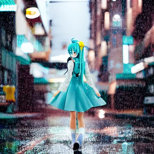 Prompt: hatsune miku walking down a rainy street, ef 8 5 mm f 1. usm