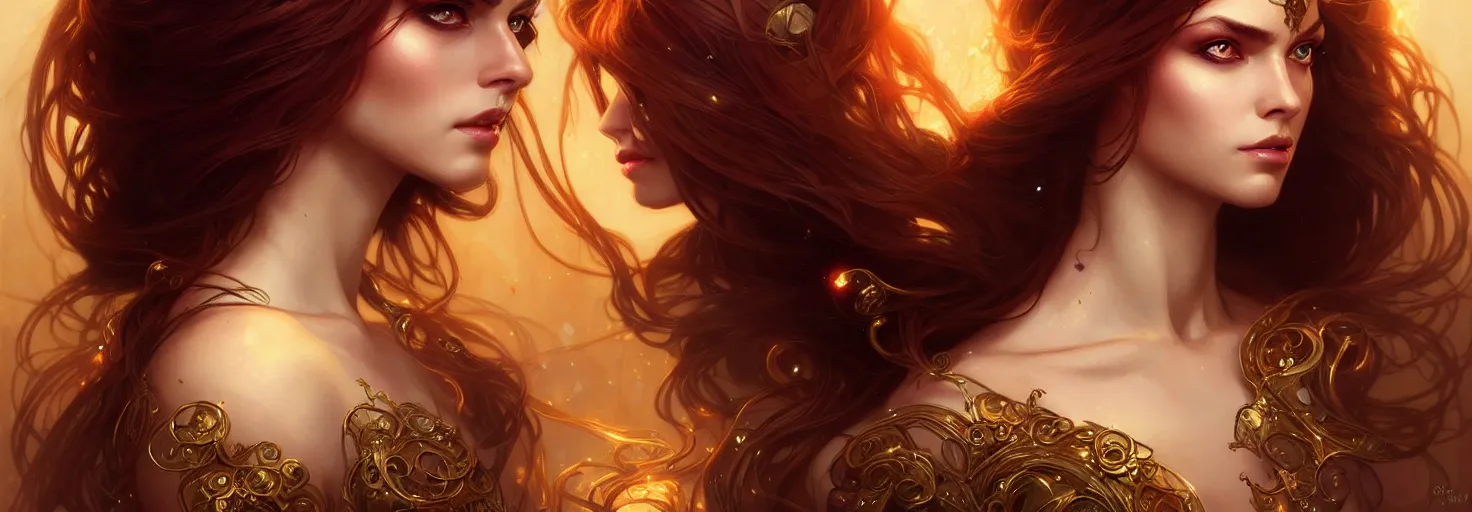 Image similar to fantasy magic woman portrait, sci-fi, amber eyes, face, long hair, fantasy, intricate, elegant, highly detailed, digital painting, artstation, concept art, smooth, sharp focus, illustration, art by artgerm and greg rutkowski and alphonse mucha