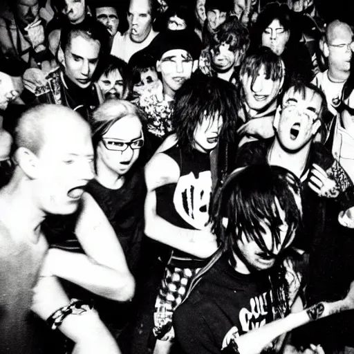 Prompt: fight of ravers and punks, old black and white photo