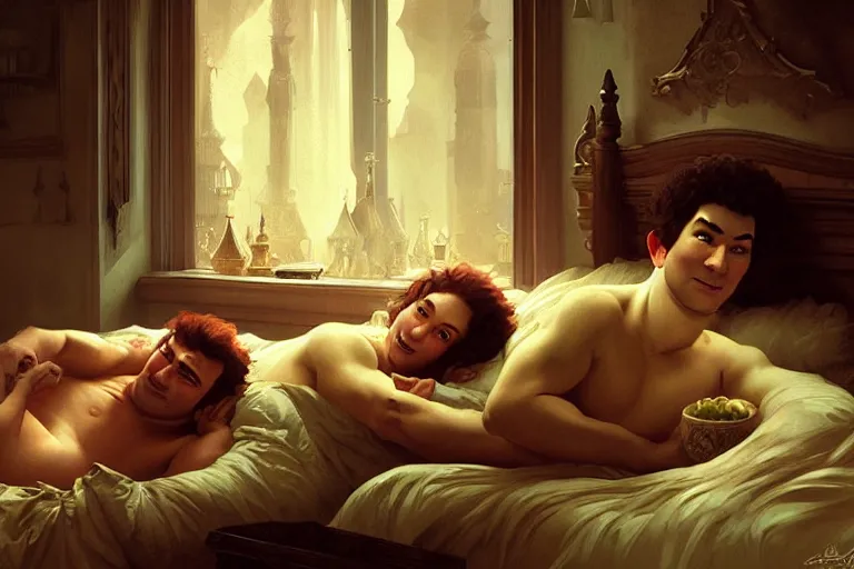 Prompt: russian poet alexander pushkin and shrek lying in bed together, portrait, highly detailed, digital painting, artstation, concept art, smooth, sharp focus, illustration, cinematic lighting, art by artgerm and greg rutkowski and alphonse mucha