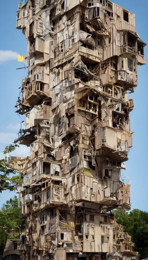 Prompt: tall cardboard house made of junk, multiple floors over hanging one another, unorganized architecture, intricate detail