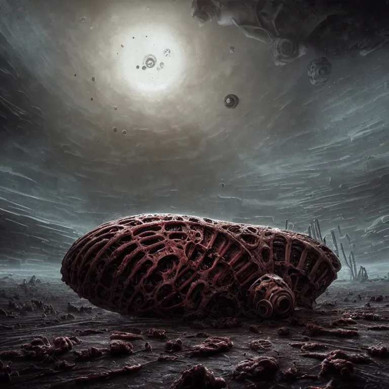 Image similar to portrait of ribbed abandoned biomechanical organic crashed spaceship on exoplanet in a desolate empty wasteland, covered with organic flesh, meat, creepy, nightmare, dream-like heavy atmosphere, surreal abandoned buildings, baroque painting, beautiful detailed intricate insanely detailed octane render trending on Artstation, 8K artistic photography, photorealistic, chiaroscuro, cinematic volumetric light, Raphael, Caravaggio, Beksinski, Giger