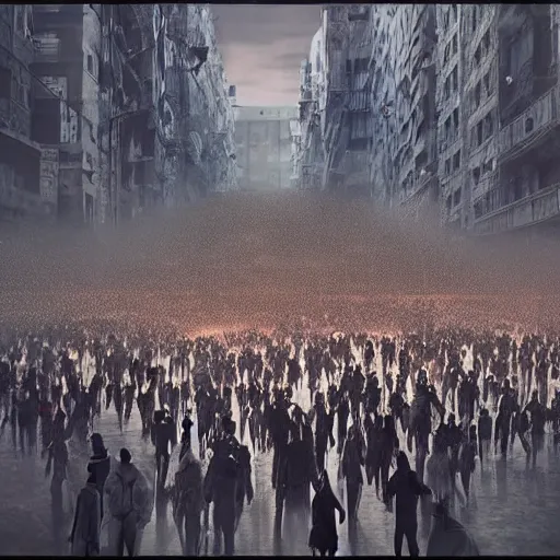 Image similar to hordes of drone-like people aimlessly walking around a depressing dystopian cityscape , trending on artststion, hyper realistic, surreal, melancholic, 8k, upscaled