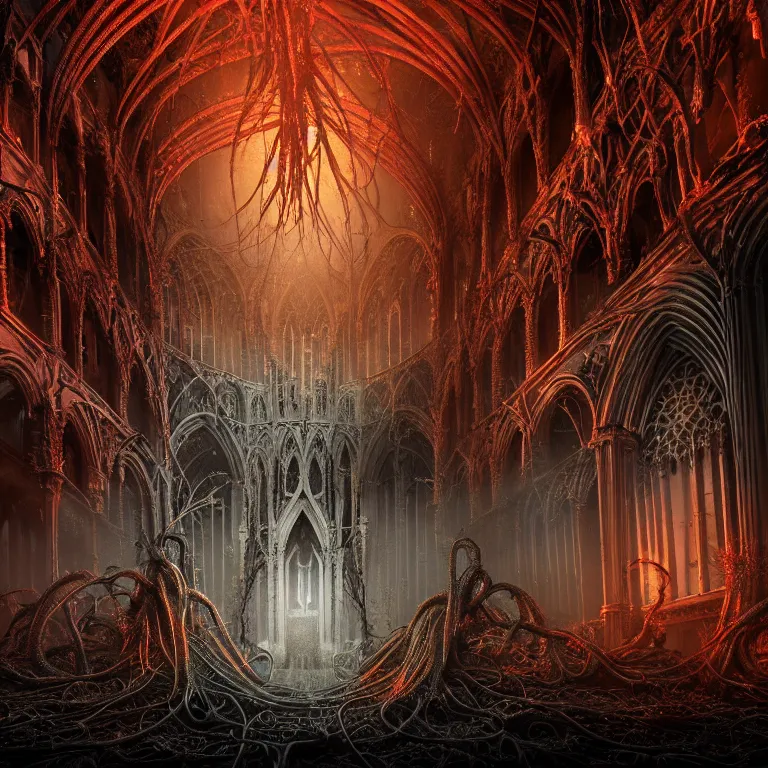 Prompt: ribbed abandoned gothic cathedral exterior on exoplanet, covered with tentacles, roots, wires, tubes, colorful neon lights, cyberpunk, baroque painting, standing in a desolate empty wasteland, creepy, nightmare, dream-like heavy atmosphere, surreal abandoned buildings, beautiful detailed intricate insanely detailed octane render trending on Artstation, 8K artistic photography, photorealistic, volumetric cinematic light, chiaroscuro, Raphael, Caravaggio, Beksinski, Giger