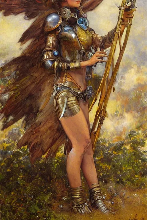 Image similar to steam punk amelia earhart on a mystical island wearing armor fashioned from her crashed plane and a sword made from a plane wing. art by gaston bussiere