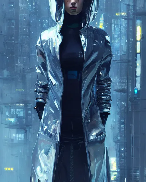 Image similar to detailed portrait European Pretty Luxury Corporation Girl cyberpunk futuristic gloomy neotokyo Reflective jacket coat, Tight fit elegant Futuristic sci-fi fashion by ismail inceoglu dragan bibin hans thoma greg rutkowski Alexandros Pyromallis Nekro Rene Margitte illustrated Perfect face, fine details, realistic shaded, fine-face, pretty face