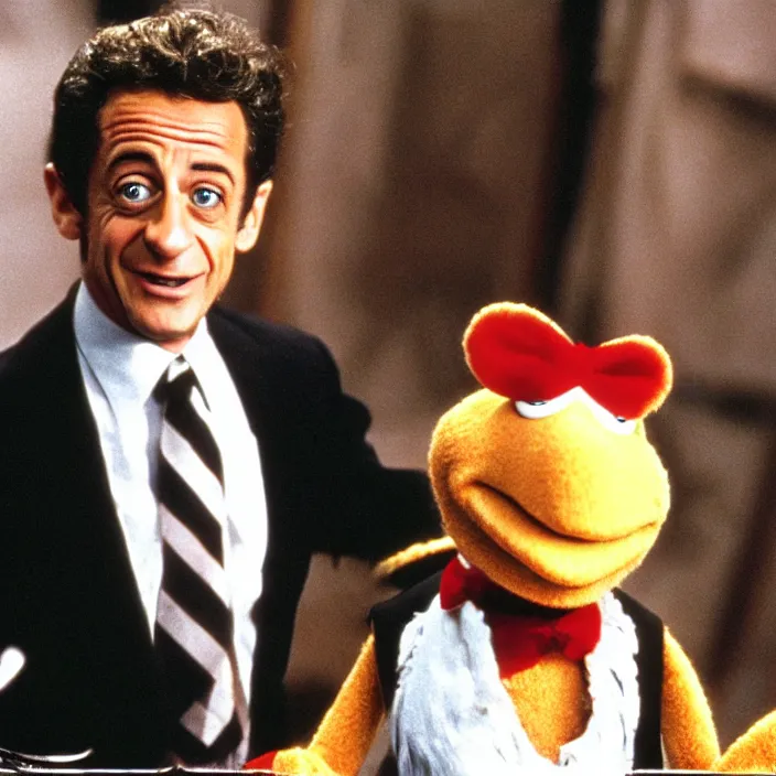 Prompt: movie still of Nicolas Sarkozy as a puppet from the muppet show, grainy picture cinemastill 800t 70s movie 18mm