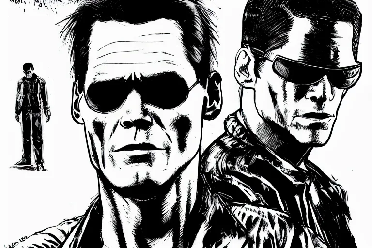 Prompt: jim carrey in the matrix, a page from cyberpunk 2 0 2 0, style of paolo parente, style of mike jackson, adam smasher, johnny silverhand, 1 9 9 0 s comic book style, white background, ink drawing, black and white