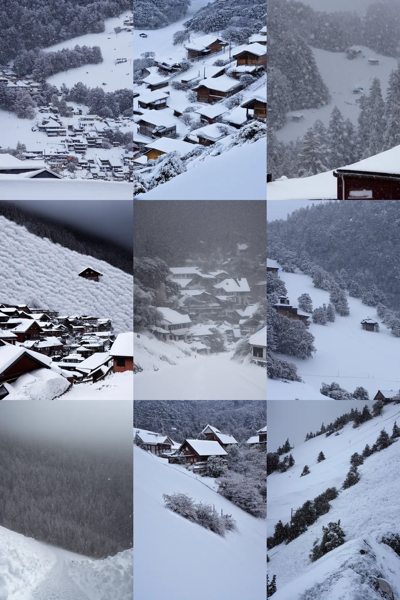 Prompt: steep narrow snow - covered hill, low angle, with several houses with snow - covered roofs and a steep snow - covered road, pure white hazy overcast sky, view up from the foot of the hill, shallow perspective, by koda kazuma