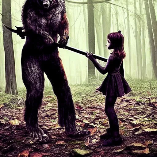 Image similar to Little girl with katana meets werewolf in the woods, spooky, creepy, scary, dark, misty