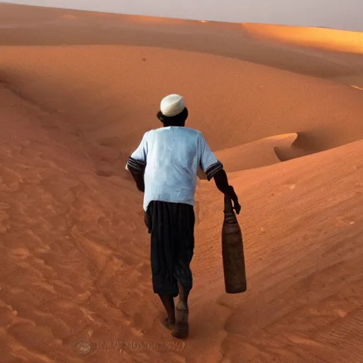 Prompt: an old man carrying logs on his back through the Sahara