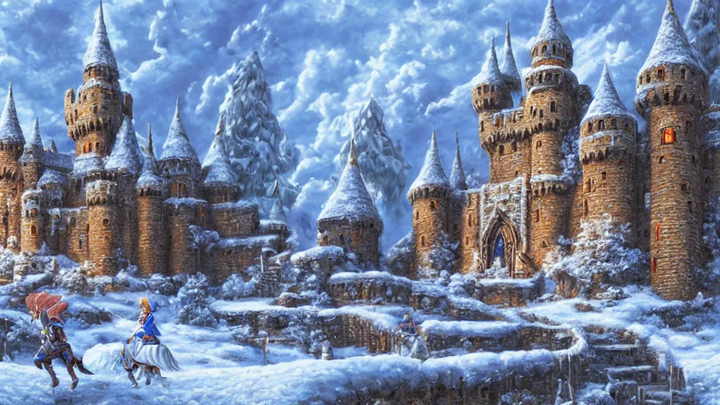 Image similar to a highly detailed, realistic oil painting of Hyrule Castle from Zelda Ocarina of Time in Winter, snow, intricate, 8k highly professionally detailed, HDR