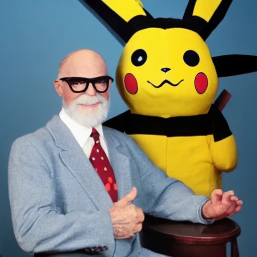 Prompt: a portrait photograph of Bob Ross Wearing a pikachu costume square glasses