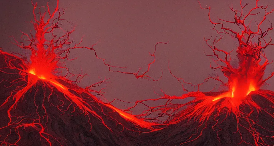 Image similar to a volcano made of ivory vines and crimson rocks enters in eruption, it spits a smoke in the shape of demonic eye, by H.P. Lovecraft