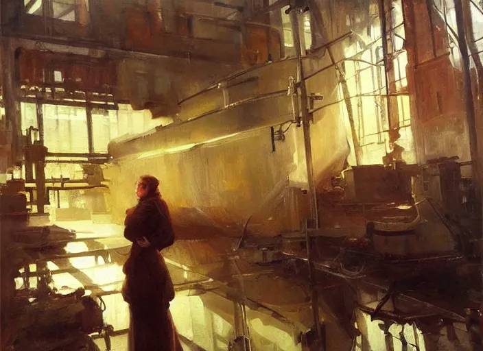 Prompt: oil painting of copper potstill in factory, art by anders zorn, wonderful art by greg rutkowski, beautiful cinematic light, american romanticism by greg manchess, reflections and refraction, sunlight