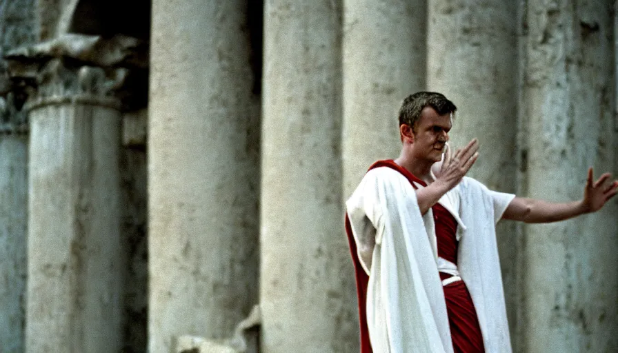 Image similar to 1 9 6 0 s movie still close - up of caligula in a white toga dead on the ancient amphitheater's stairs blood flaque, cinestill 8 0 0 t 3 5 mm, high quality, heavy grain, high detail, dramatic light, anamorphic, blood