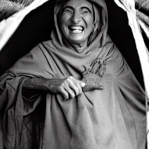 Prompt: dramatic film still of 80 year old Mediterranean skinned woman in ancient Canaanite clothing laughing, embarrassed, surprised, ancient interior tent background, Biblical epic directed by Alfred Hitchcock