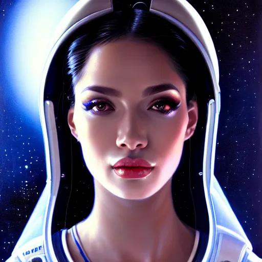 Image similar to a portrait of a very beautiful woman in a spacesuit, Alexandria\'s genesis, shoulder-length black hair, bored, illustration, soft lighting, soft details, painting oil on canvas by mark arian by artgerm, trending on artstation, 4k, 8k, HD