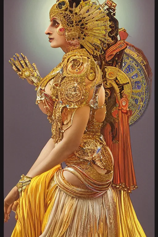 Prompt: a beautiful ultradetailed fine art portrait of a simple elegant futuristic biomechanical robot dressed as an indian classical dancer, by natalie shau and alphonse mucha, portrait, 3 5 mm lens, golden ratio composition, detailed face, humanoid with cybernetic implants, studio lighting, very detailed, dressed in colorful silk, artstation, 8 k, highly coherent