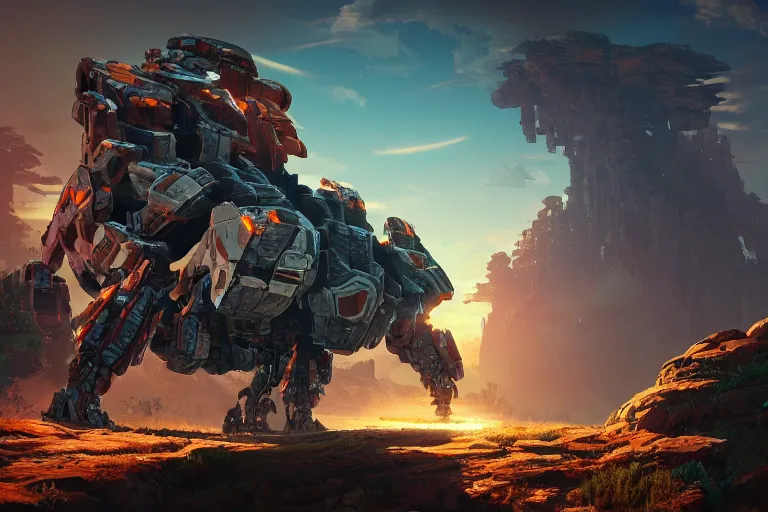 Image similar to rockbreaker machine mecanical creature robot of horizon forbidden west horizon zero dawn radiating a glowing aura global illumination ray tracing hdr fanart arstation by ian pesty and alena aenami artworks in 4 k