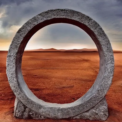 Image similar to stargate made of stone that form a circle, cinematic view, epic sky