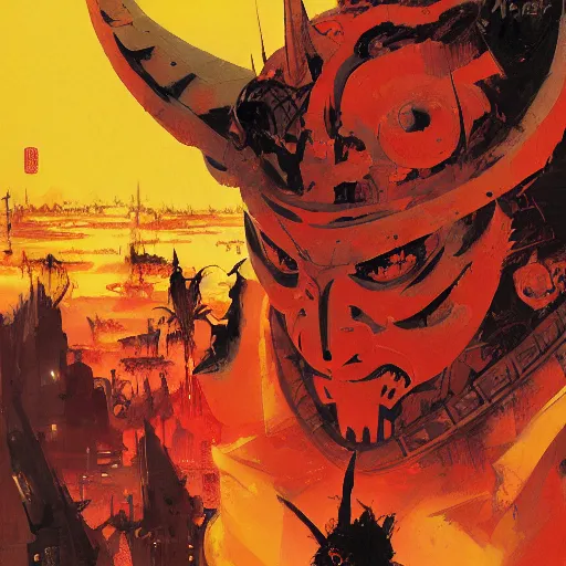 Image similar to samurai mask on hell by john berkey, mario feng, mohamed reda, victo ngai, andreas rocha, john harris