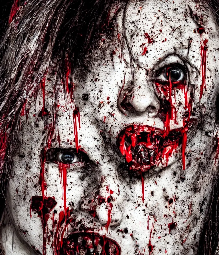 Image similar to very terrifying female Pinhead screaming splattered with blood, portrait showing entire grotesque head with grungy chains and hooks hanging down behind her, neo-expressionistic, maximalist, horror monster masterpiece, trending on DeviantArt, 4K resolution, dark cinematic, hyperrealism, octane render, volumetric lighting, ultra-detailed, chiaroscuro, dark black background, in the style of Giger and Ralph Steadman and Da Vinci,