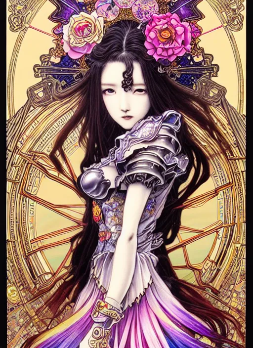 Image similar to yuchenghong highly detailed terada katsuya ayami kojima atrstation manga poster of princess mechine, rainbow gradient reflection, cute face by artgerm, art nouveau, long hair, armor, dress, laces, ruffles, 8 k, maximalist, golden ratio, alphonse mucha