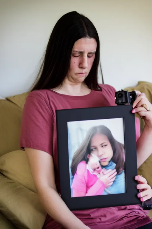 Image similar to a picture that tells of a mother holding a photo of her dead daughter - taken with canon eos 5 d mark iv, versatile, lens interoperability, autofocus, 4 k uhd video capture at 3 0 fps, 8 k time - lapse functions, by karah mew