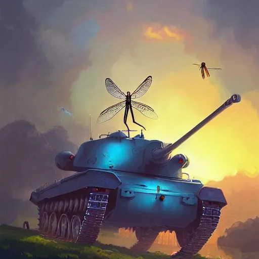 Prompt: a horde of dragonflies using cables to lift a tank, fantasy, digital art by RHADS and Moebius, artstation