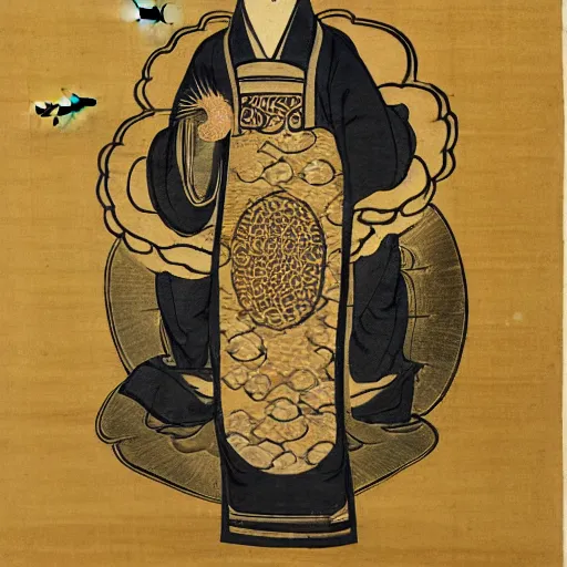 Image similar to an anthropomorphic baby harp seal deity, radiating golden light, wearing royal kimono, Japanese ink drawing from 1850