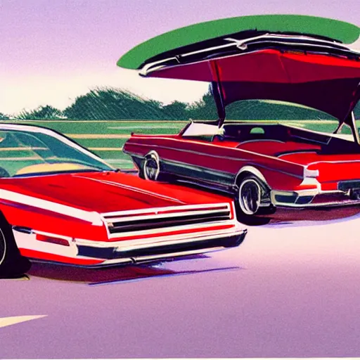 Image similar to concept art for a car with built - in bbq pit, illustrated by syd mead, high quality