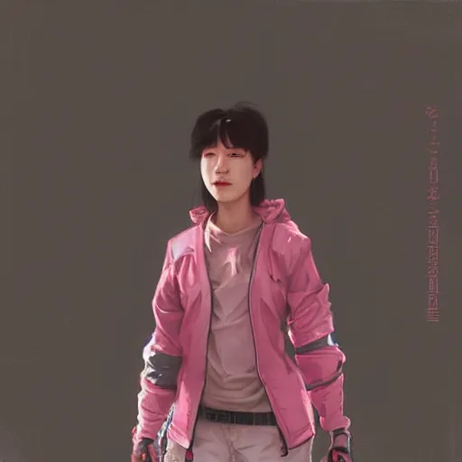 Prompt: Korean cyberpunk female wearing pink techwear jacket and military cargo pants, trending on artstation by Ruan Jia and Mandy Jurgens and Artgerm and william-adolphe bouguereau