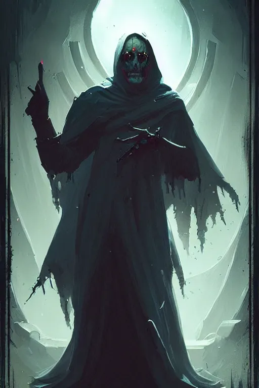 Image similar to greg rutkowski poster. necromancer
