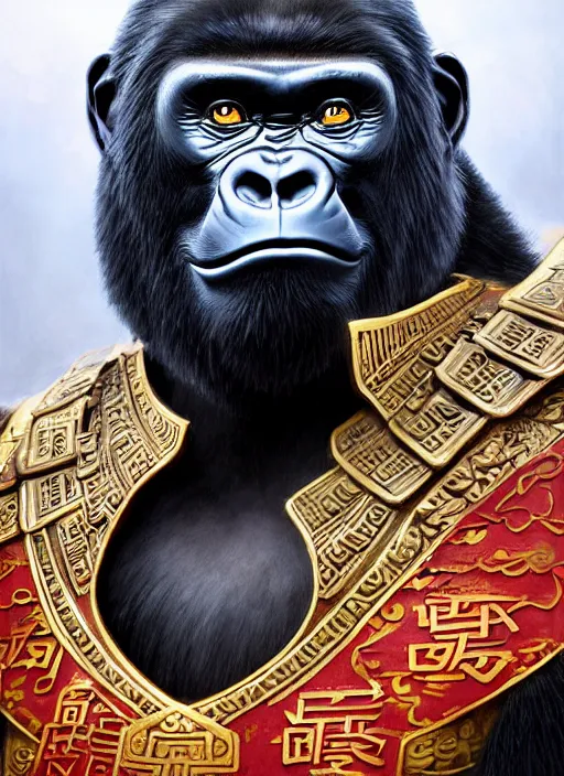 Prompt: stunning gorillas warrior, full traditional chinese armor, art by artgerm, wlop, loish, ilya kuvshinov, tony sandoval. 8 k realistic, hyperdetailed, beautiful lighting, detailed background, depth of field, symmetrical face