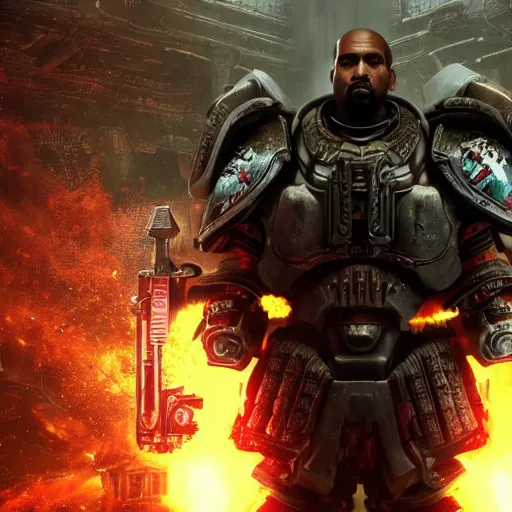 Image similar to Portrait of Kanye West as the emperor of humanity from warhammer 40k in Gears of War, splash art, movie still, cinematic lighting, dramatic, octane render, long lens, shallow depth of field, bokeh, anamorphic lens flare, 8k, hyper detailed, 35mm film grain