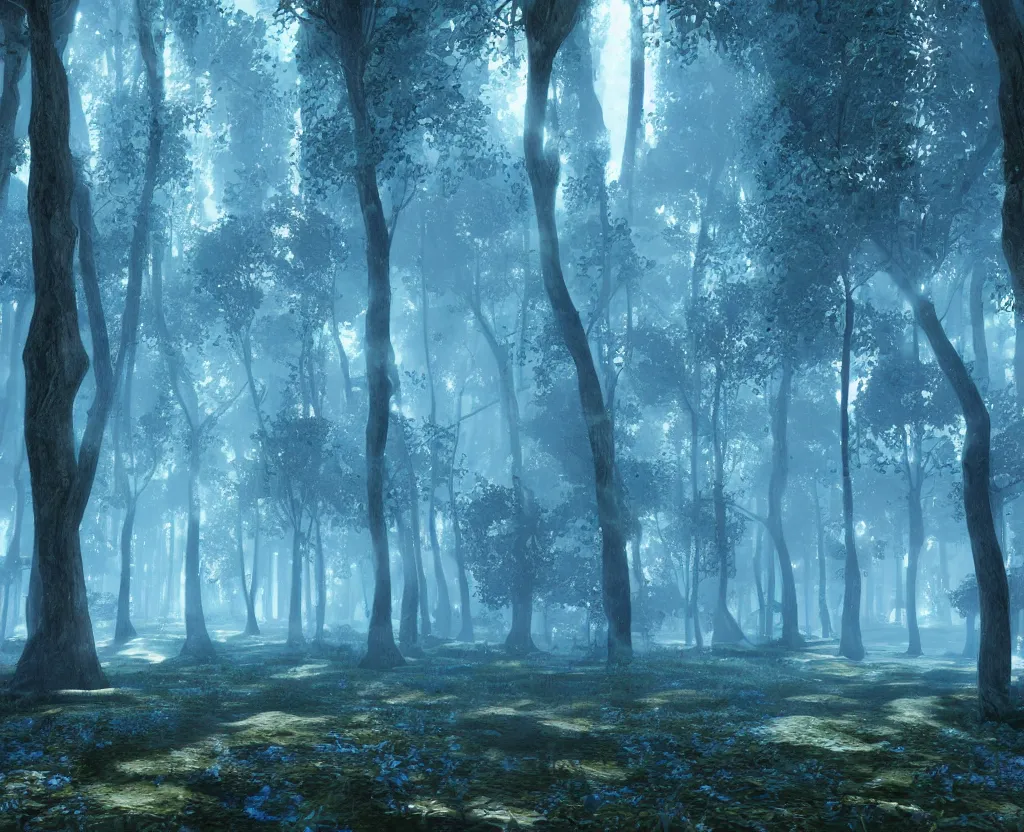 Image similar to blue forest, glowing, unreal engine 5, raytracing, hyperreal, digital art, highly detailed, artstation