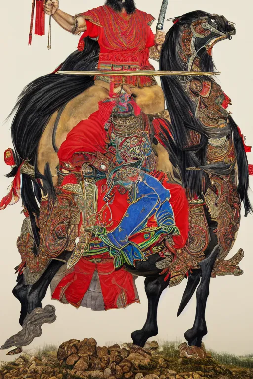 Image similar to A hyper realistic full body portrait of majestic guan yu stands in front of the red horse, defined features, by gu kaizhi, wu daozi, 8k, HD, gigapixel, portrait art, symmetrical composition, realistic proportions, ink and colored pigments on silk, sharpness applied, hyperrealism