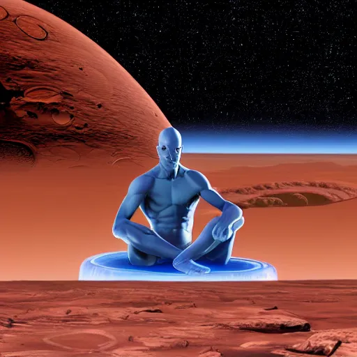 Prompt: dr. Manhattan sitting on Mars thinking, photorealistic