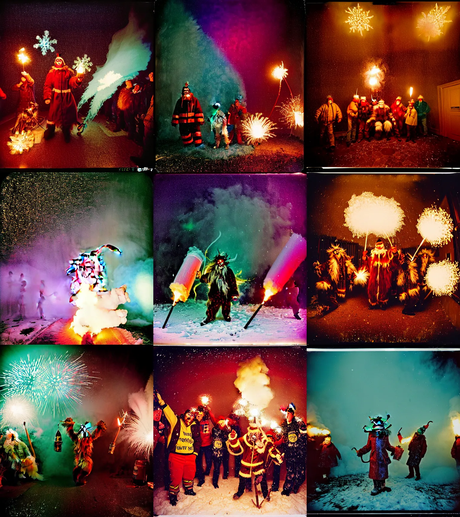 Image similar to kodak portra 4 0 0, wetplate, winter, snowflakes, rainbow coloured rockets, chaos, glitter tornados, award winning dynamic photo of a bunch of hazardous krampus between exploding fire barrels by robert capas, motion blur, in the hall of an inn at night with colourful pyro fireworks and torches, teal lights