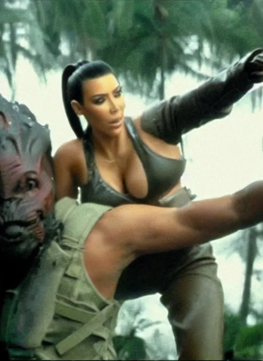 Prompt: film still of kim kardashian being held up in the air by predator in the movie predator.