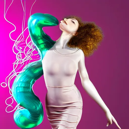 Prompt: Vass Roland cover art body art electronic ballerina arms up softcore hand cute curly hair girl behind head pose future bass girl unwrapped dress smooth body unfolds statue bust curls of hair petite lush front and side view body photography model full body curly jellyfish lips art contrast vibrant futuristic fabric skin jellyfish material metal veins style of Jonathan Zawada, Thisset colours simple background objective