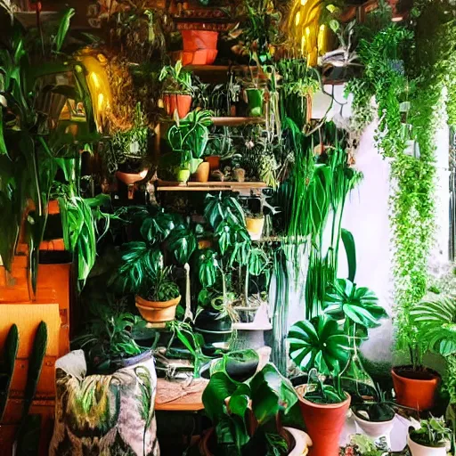 Prompt: a bohemian room with a lot of plants and neon lights, highly detailed, photorealistic