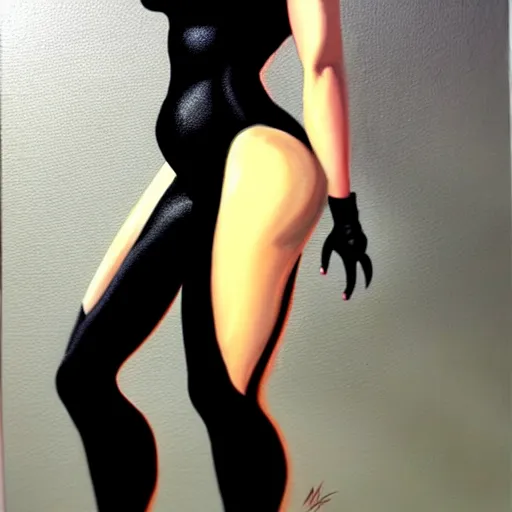 Prompt: a painting of woman wearing black skintight clothes, painting by mark brooks, trending on artstation, artstationHD, artsationHQ