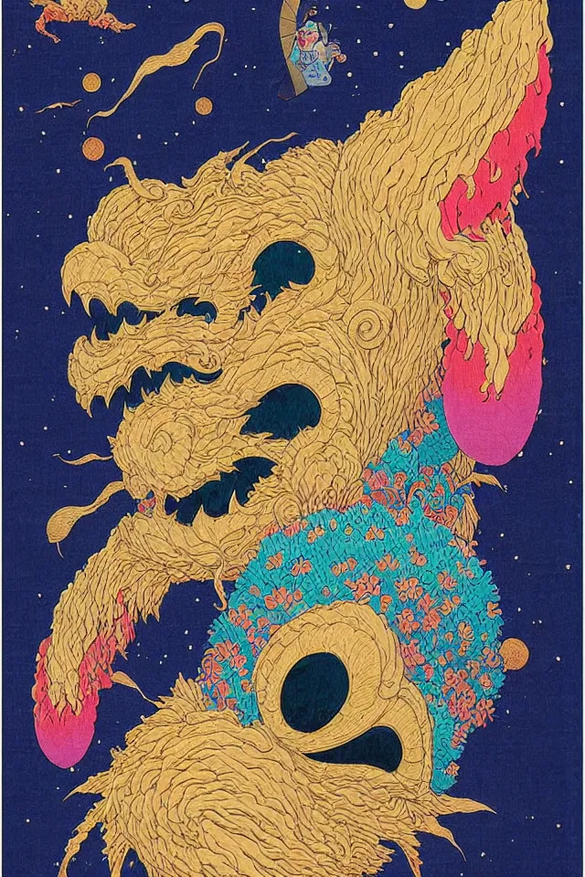 Image similar to an ukiyo - e painting of an intricate cute colorful fluffy dmt desert monster mask made out of burlap and coconut fiber, portal, floating in space, perfect lighting, in colorful marker pen, by kokaris, naoto hattori, moebius and android jones