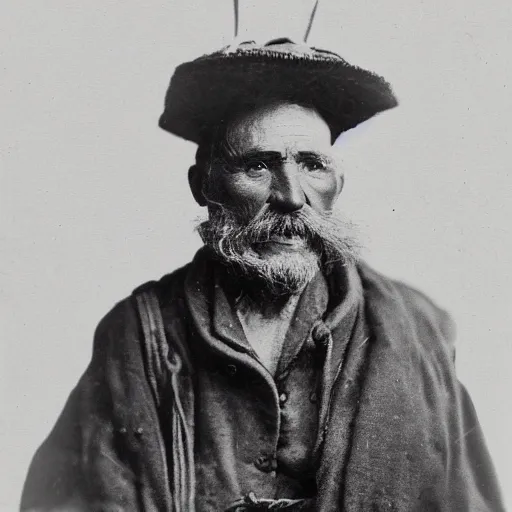 Prompt: antique black and white photograph of an old basque fisherman, studio lighting, 1 8 7 6