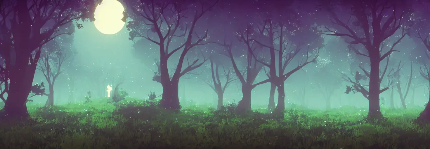 Image similar to distant tree silhouettes, magical enchanted forest, parallax background layer from a gorgeous indie platform game