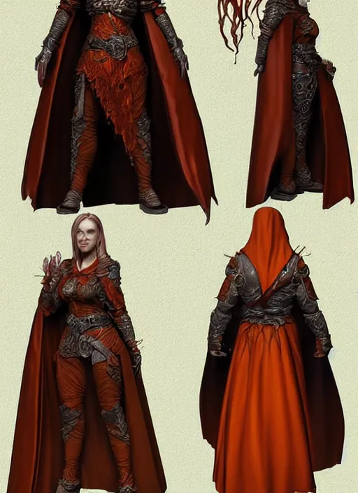 Prompt: dark orange cloak female priest, ultra detailed fantasy, dndbeyond, bright, colourful, realistic, dnd character portrait, full body, pathfinder, pinterest, art by ralph horsley, dnd, rpg, lotr game design fanart by concept art, behance hd, artstation, deviantart, hdr render in unreal engine 5