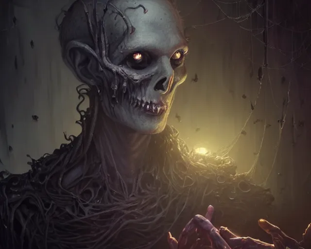 Prompt: a 4 k cinematic screenshot still portrait of a ghoul in a dark liminal space room surrounded by spider webs, deep focus, d & d, fantasy, intricate, elegant, highly detailed, digital painting, art station, concept art, matte, sharp focus, illustration, dark fantasy style art, hearthstone, art by artgerm and greg rutkowski and alphonse mucha